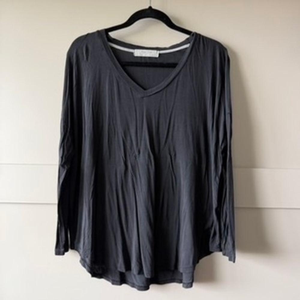 Mahina V Neck Top Womens L Black Rayon Stretch Oversized Tunic Hawaii